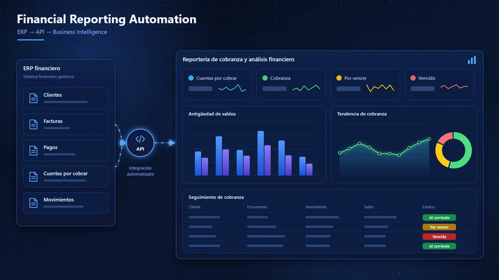 Ilustración de un flujo desde un ERP financiero vía API hacia un tablero de cobranza y análisis financiero